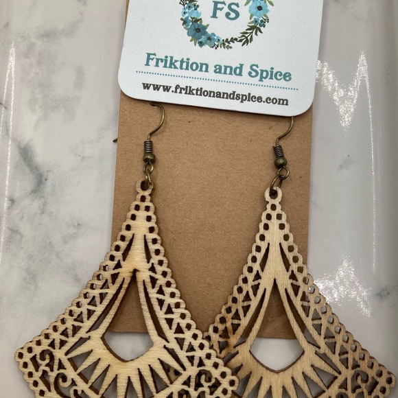 Textured Wood Dangle Earrings. - Picture 2 of 6